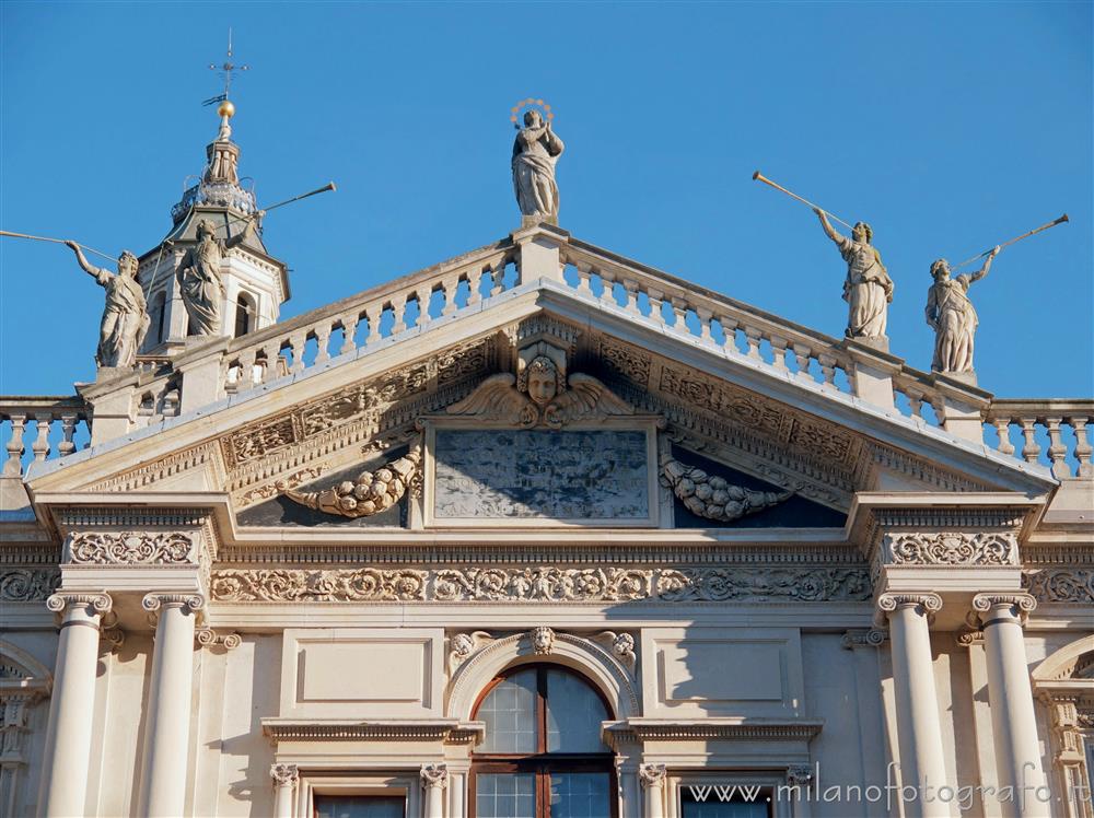 Saronno (Varese, Italy) - Upper part of the facade of the Sanctuary of the Blessed Virgin of the Miracles